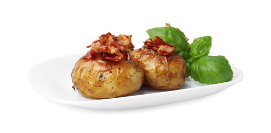 Photo of Delicious baked potatoes with bacon and basil isolated on white