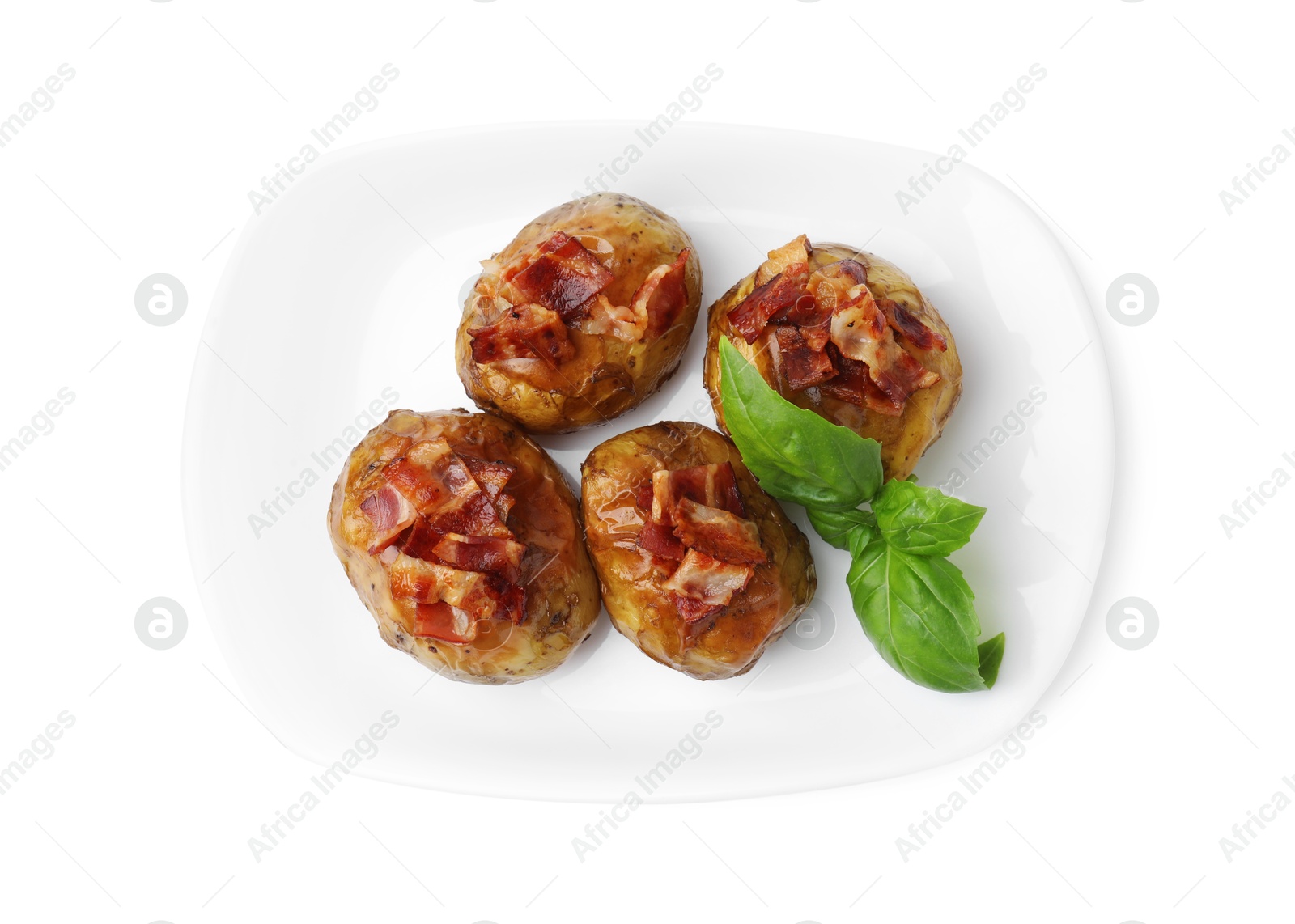 Photo of Delicious baked potatoes with bacon and basil isolated on white, top view