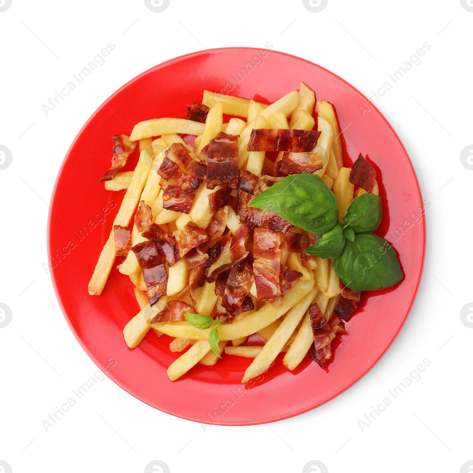 Photo of Delicious French fries with slices of bacon and basil isolated on white, top view