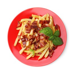 Photo of Delicious French fries with slices of bacon and basil isolated on white, top view