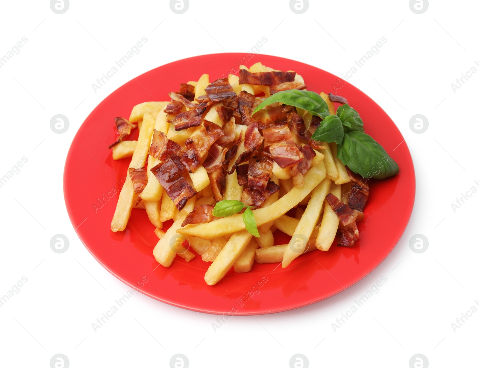 Photo of Delicious French fries with slices of bacon and basil isolated on white