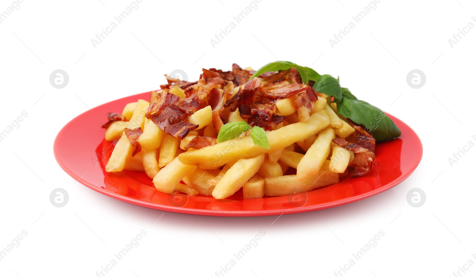 Photo of Delicious French fries with slices of bacon and basil isolated on white