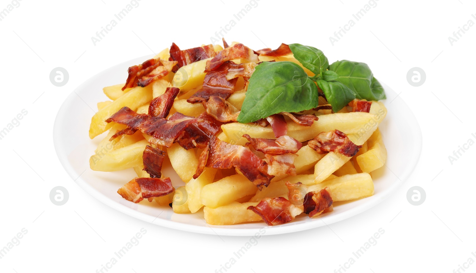 Photo of Delicious French fries with slices of bacon and basil isolated on white