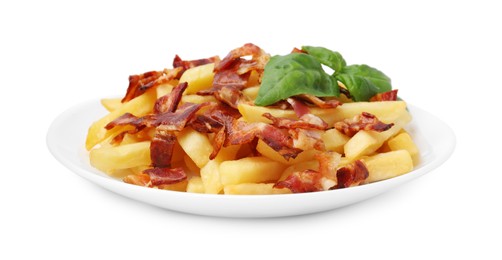 Delicious French fries with slices of bacon and basil isolated on white