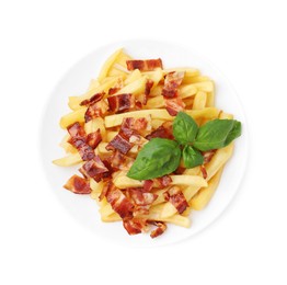 Photo of Delicious French fries with slices of bacon and basil isolated on white, top view