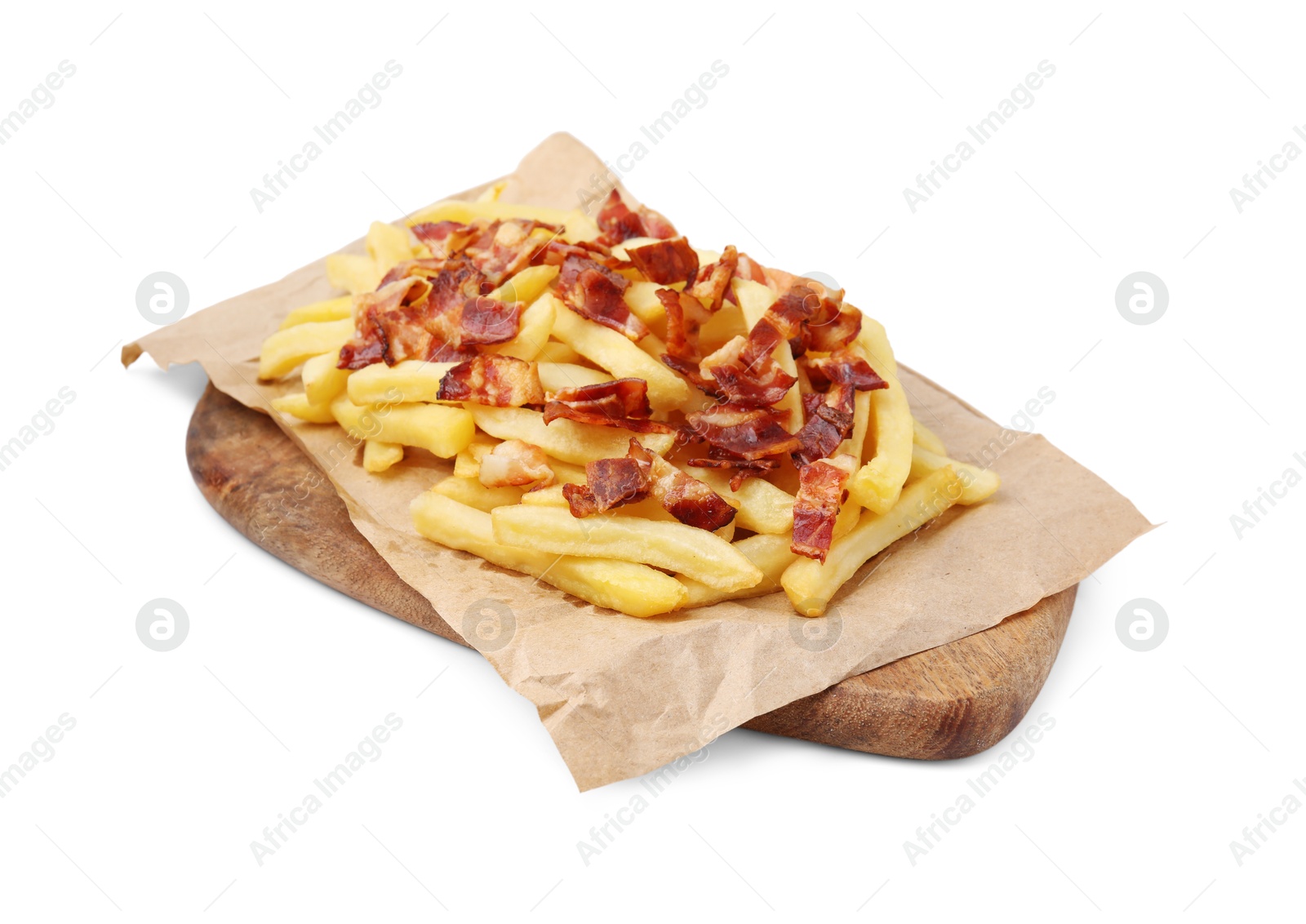 Photo of Delicious French fries with slices of bacon isolated on white