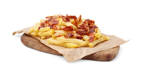 Delicious French fries with slices of bacon isolated on white