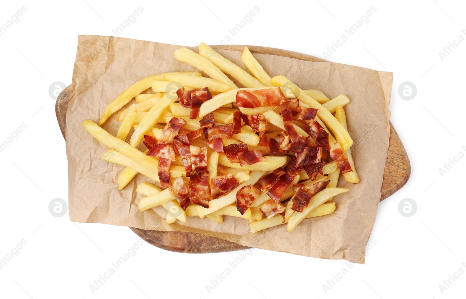 Photo of Delicious French fries with slices of bacon isolated on white, top view