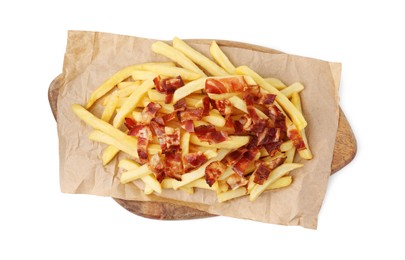 Delicious French fries with slices of bacon isolated on white, top view