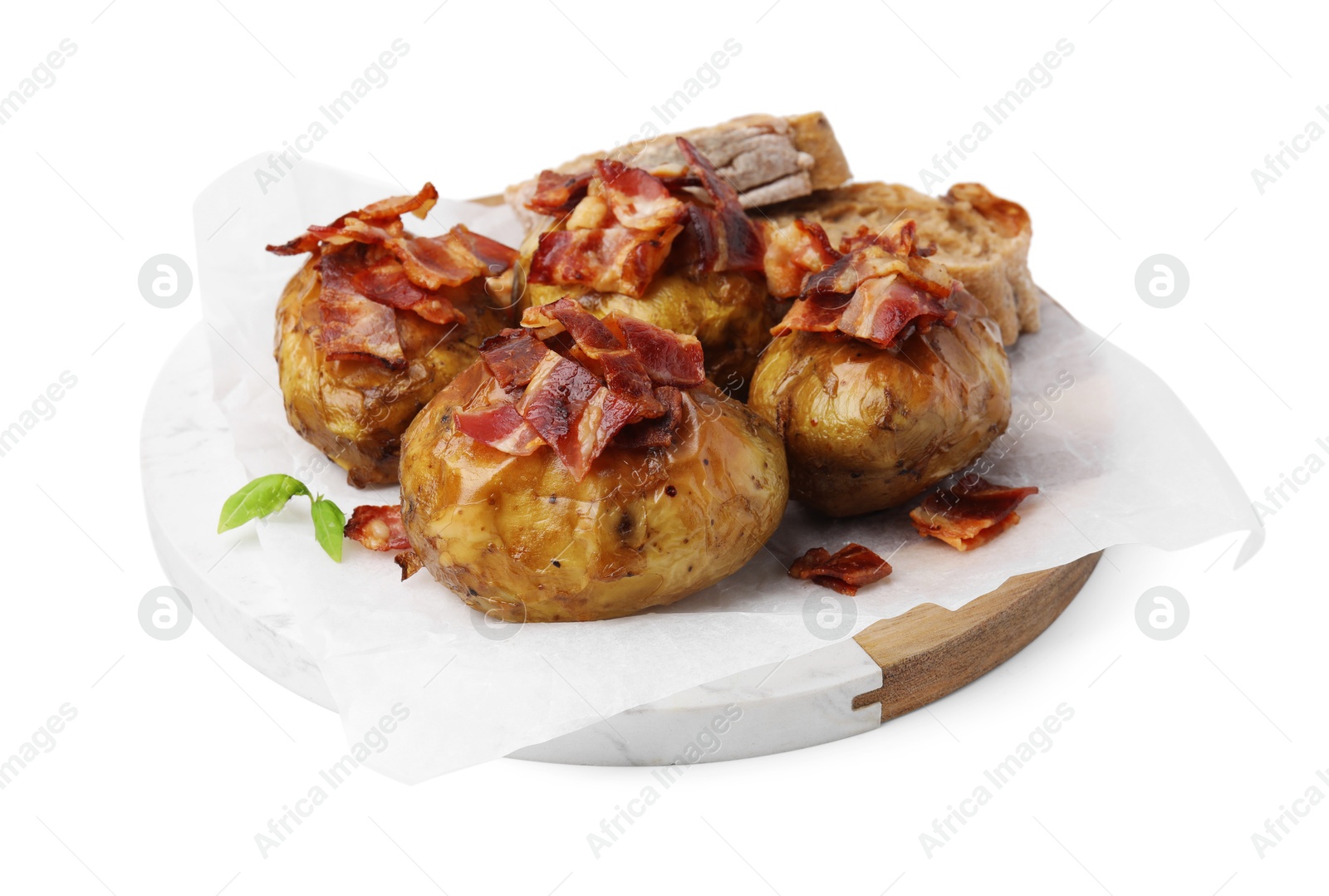 Photo of Delicious baked potatoes with bacon and bread isolated on white