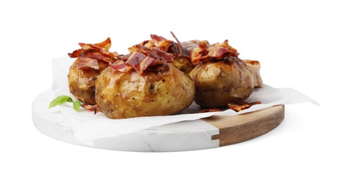 Photo of Delicious baked potatoes with bacon and bread isolated on white