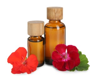 Photo of Bottles of geranium essential oil and beautiful flowers isolated on white