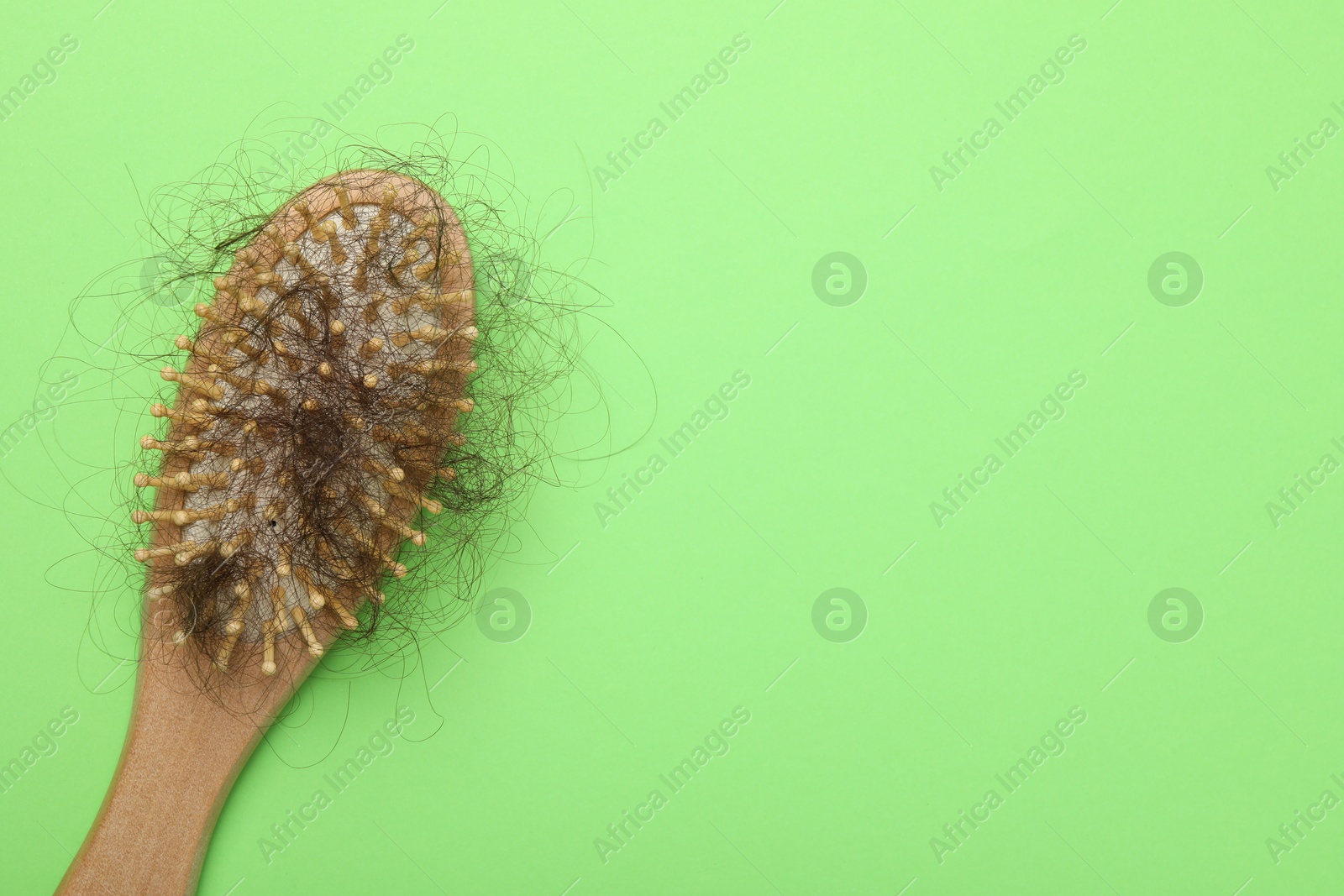 Photo of One brush with lost hair on light green background, top view. Space for text