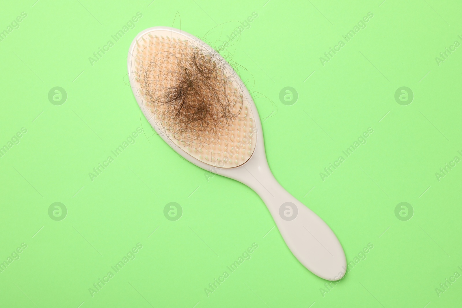 Photo of One brush with lost hair on light green background, top view