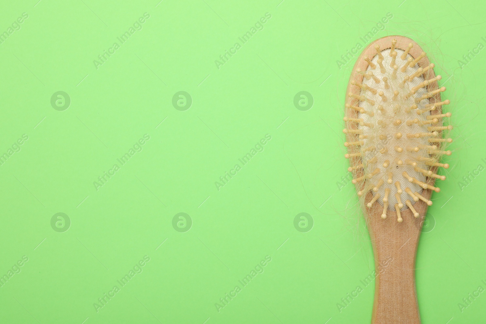 Photo of One brush with lost hair on light green background, top view. Space for text