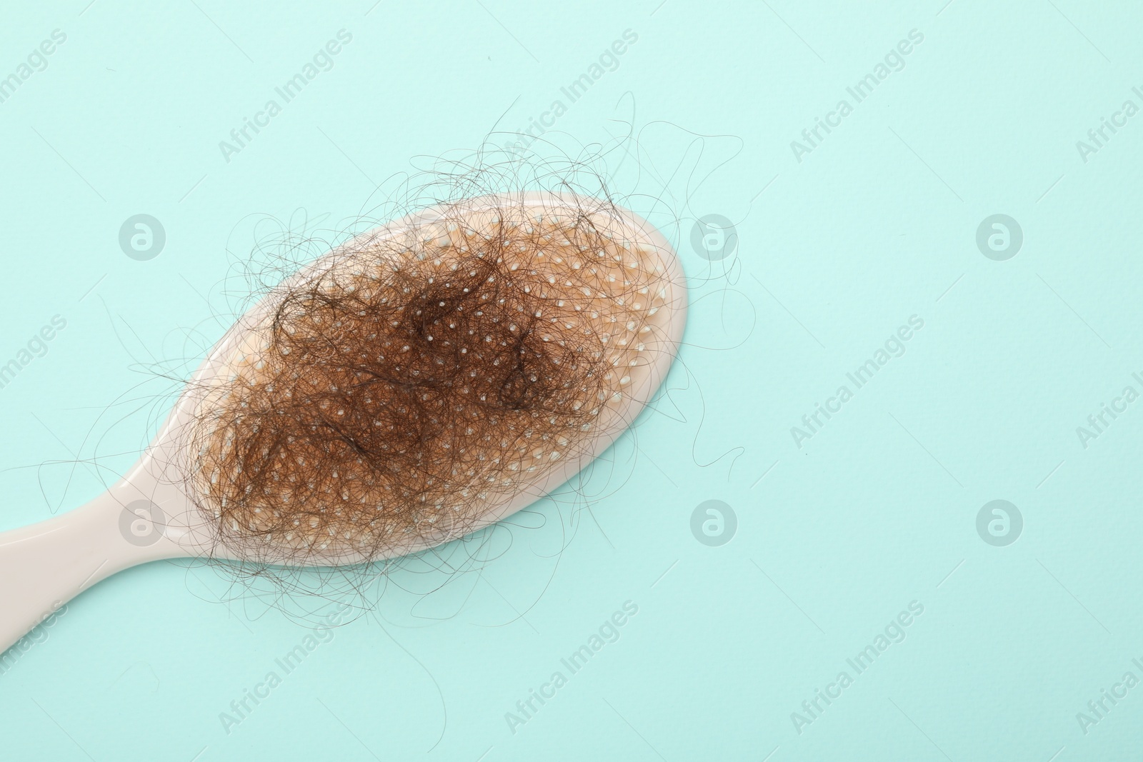 Photo of One brush with lost hair on light blue background, top view. Space for text