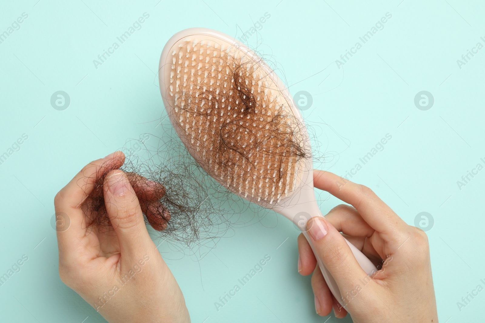 Photo of Woman taking her lost hair from brush on light blue background, top view. Alopecia problem