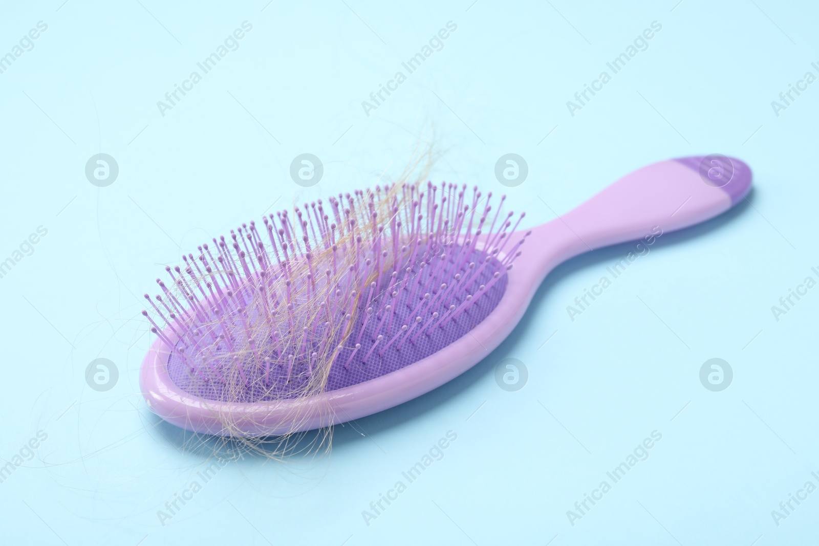 Photo of One brush with lost hair on light blue background. Alopecia problem