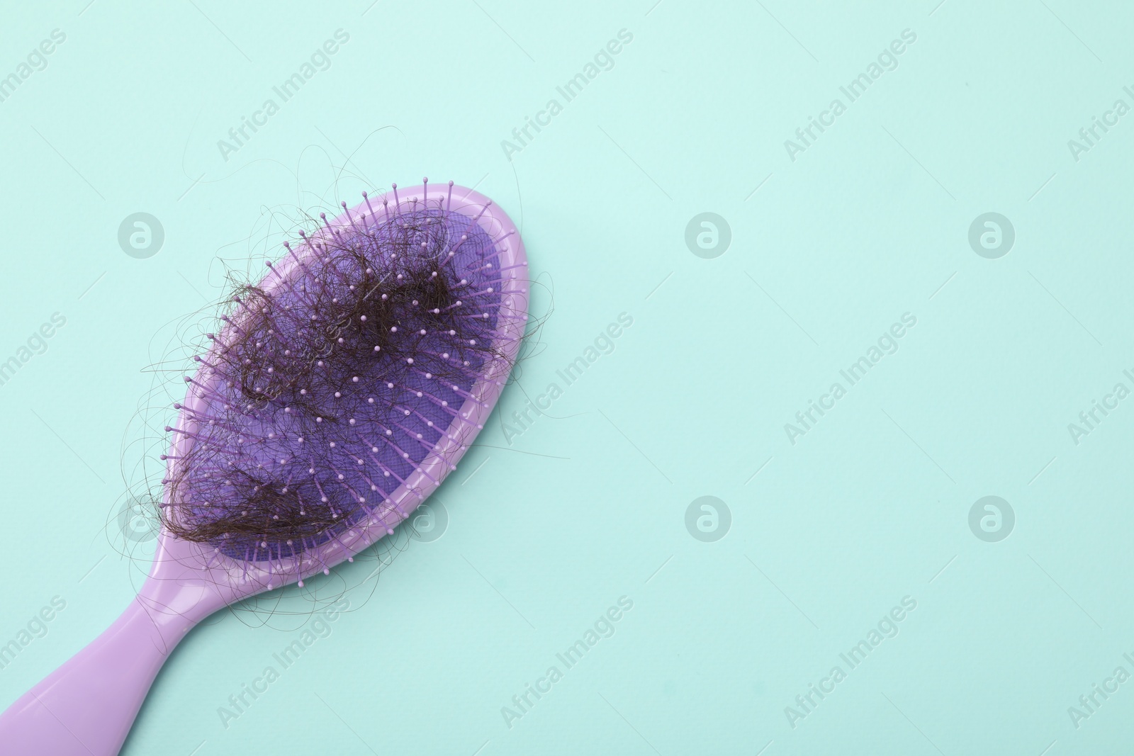 Photo of One brush with lost hair on light blue background, top view. Space for text