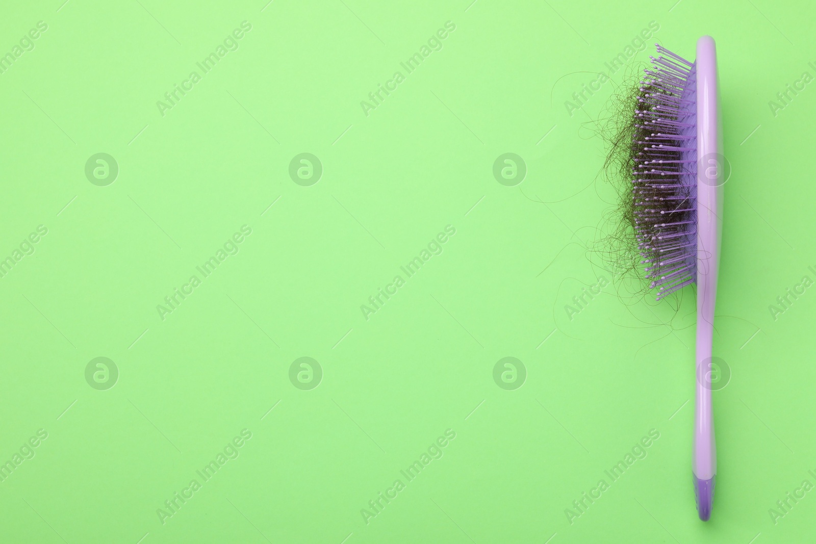 Photo of One brush with lost hair on light green background, top view. Space for text