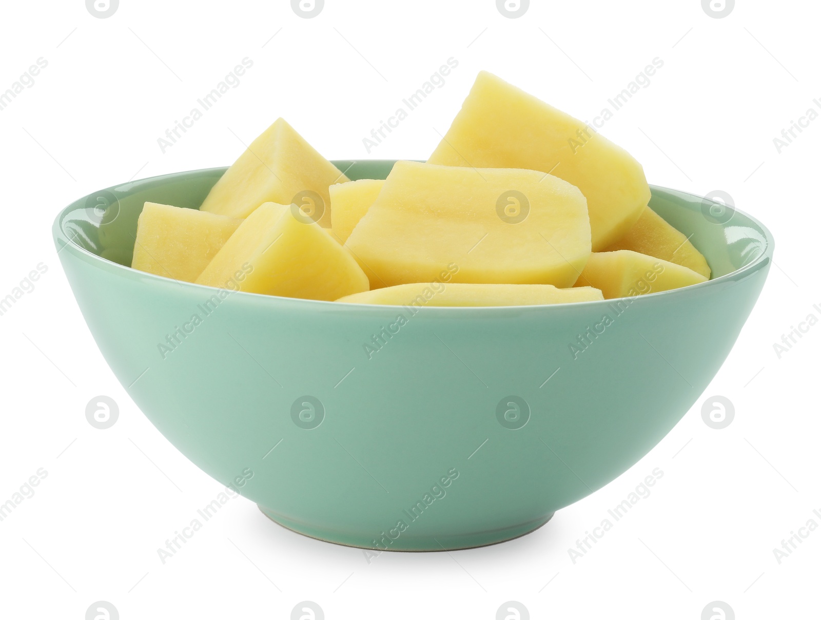 Photo of Raw potatoes in bowl isolated on white