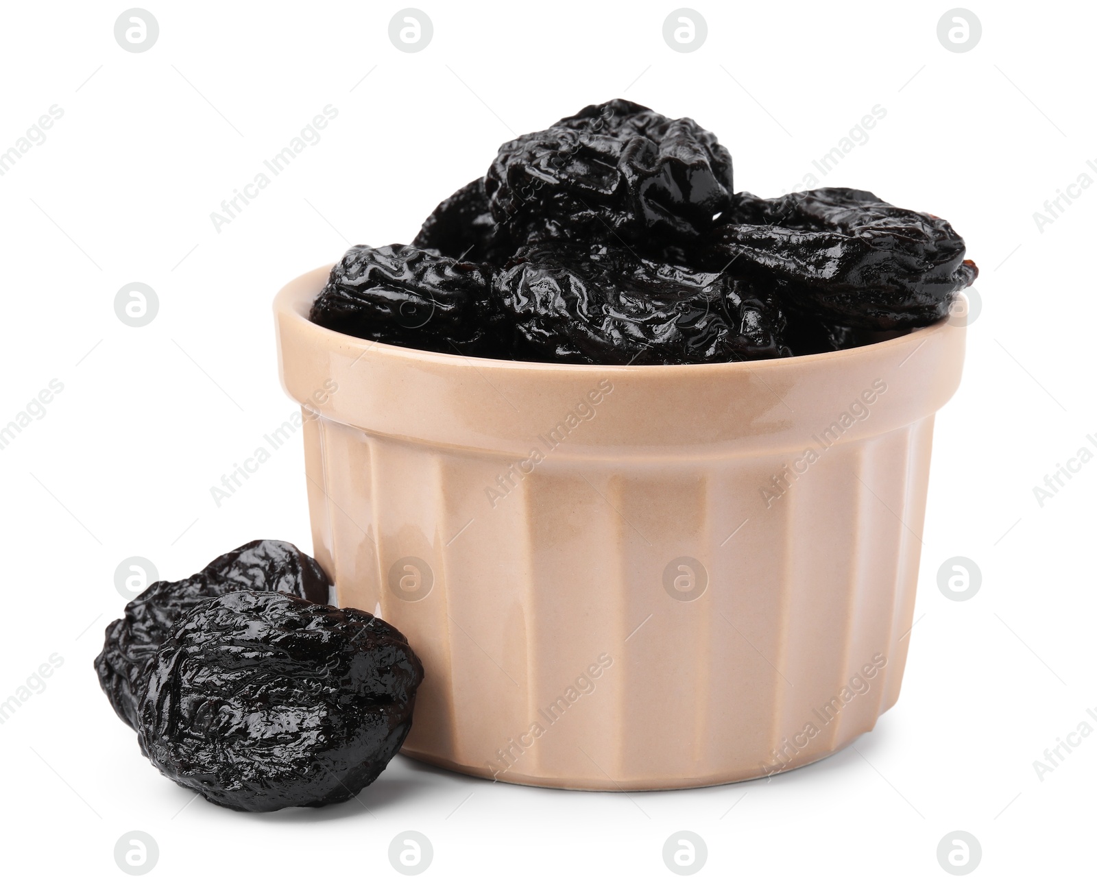 Photo of Tasty dried plums (prunes) in bowl on white background