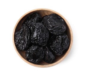 Photo of Tasty dried plums (prunes) in bowl on white background, top view