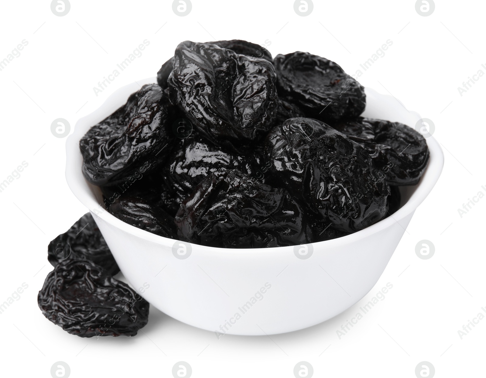 Photo of Tasty dried plums (prunes) in bowl on white background