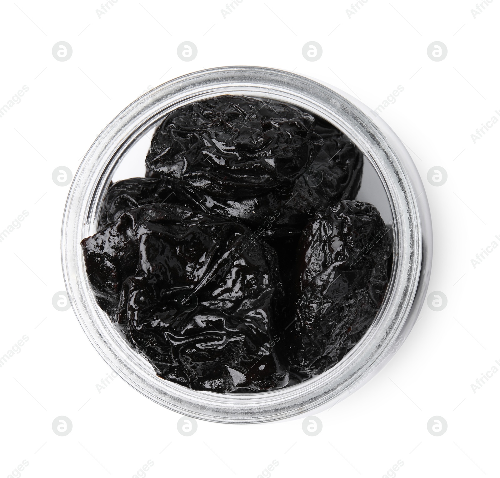 Photo of Tasty dried plums (prunes) on white background, top view