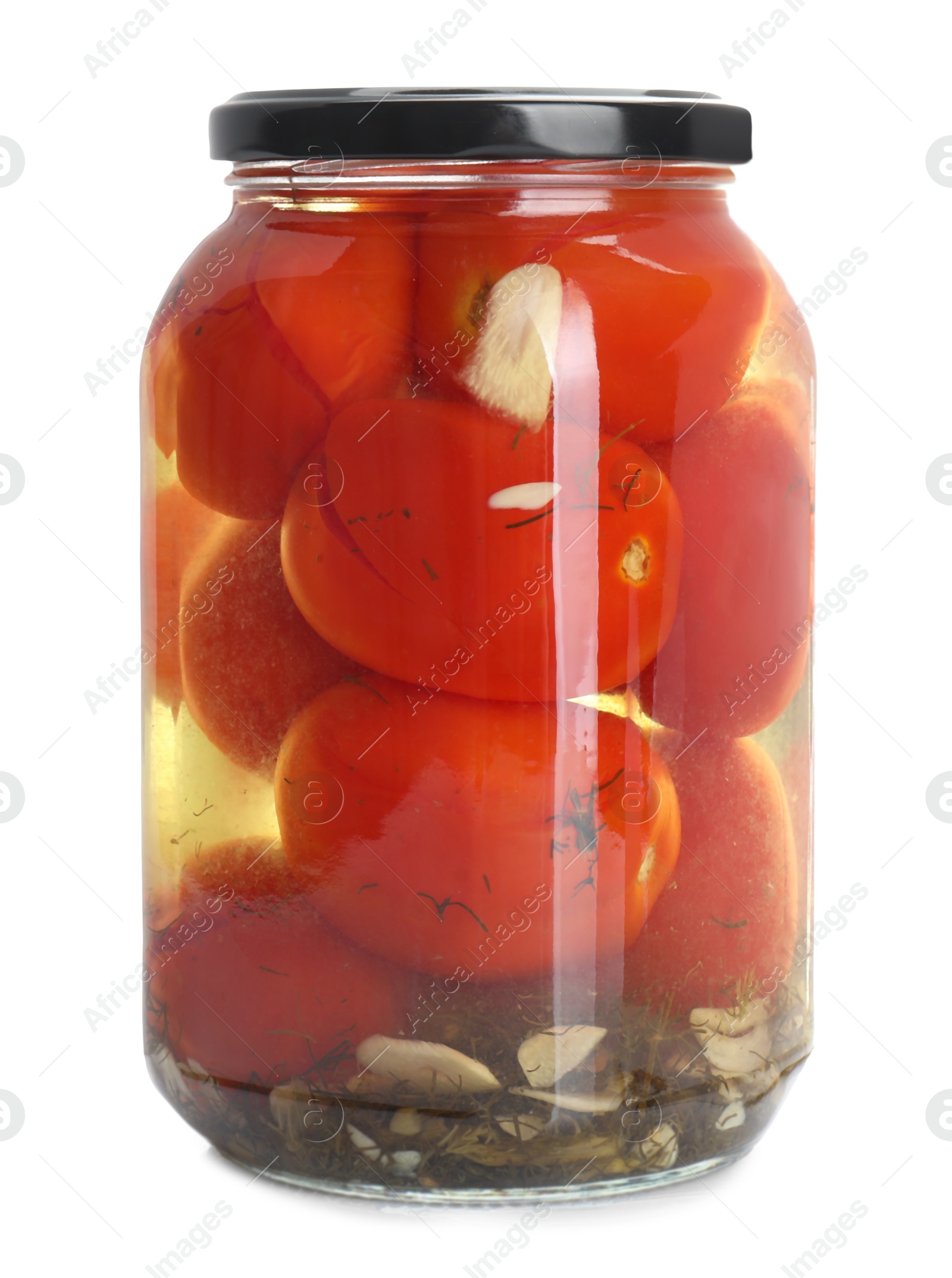 Photo of Tasty pickled tomatoes in jar isolated on white