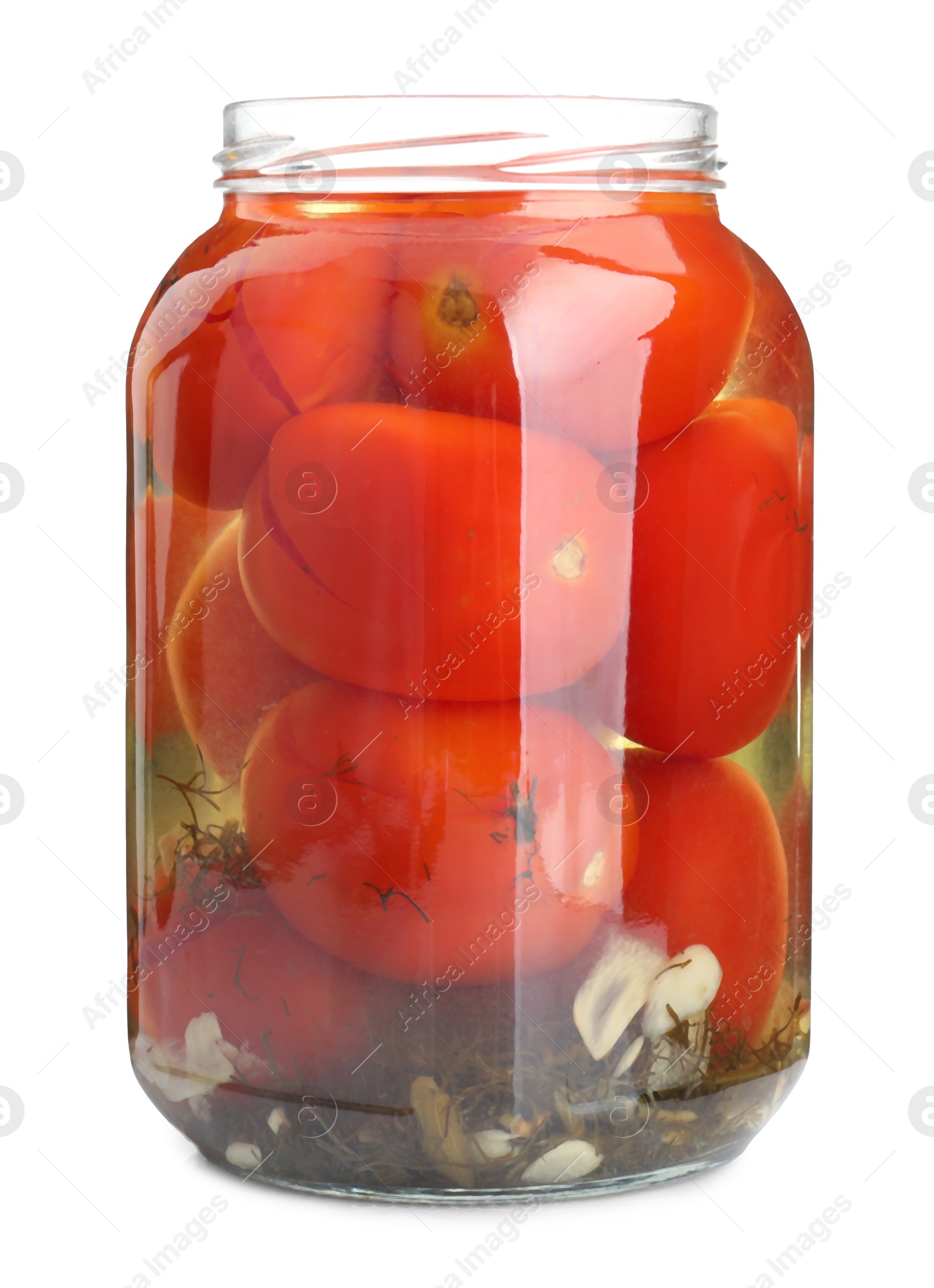 Photo of Tasty pickled tomatoes in jar isolated on white