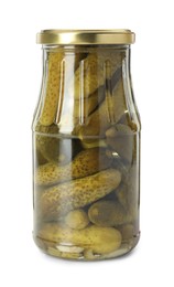 Photo of Pickled cucumbers in jar isolated on white