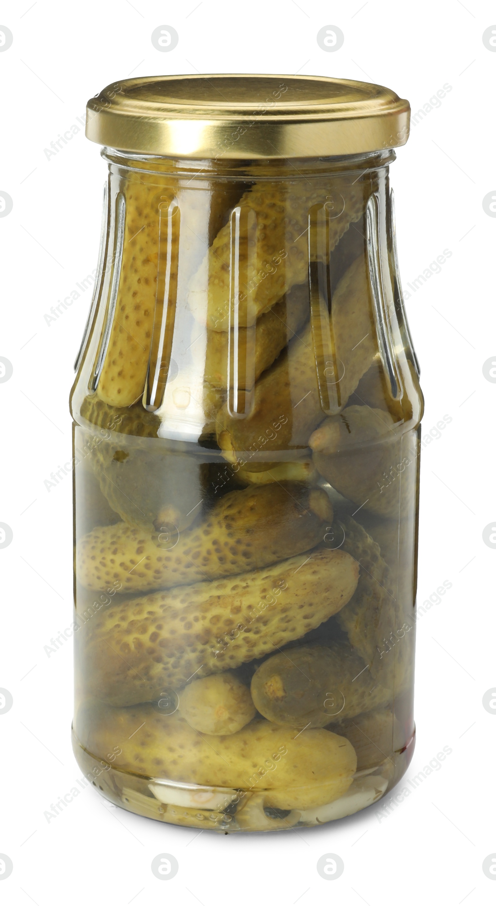 Photo of Pickled cucumbers in jar isolated on white