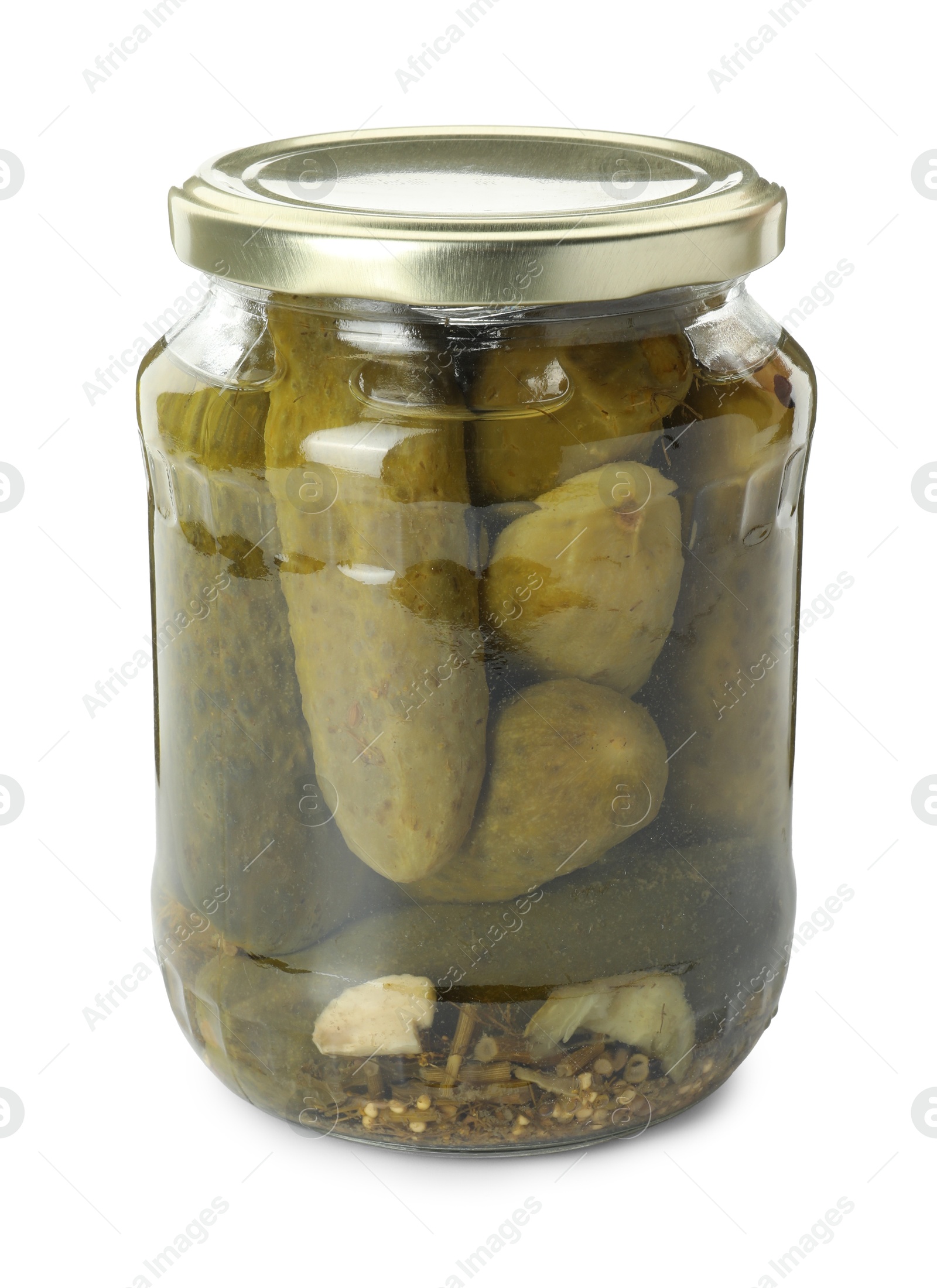 Photo of Pickled cucumbers in jar isolated on white