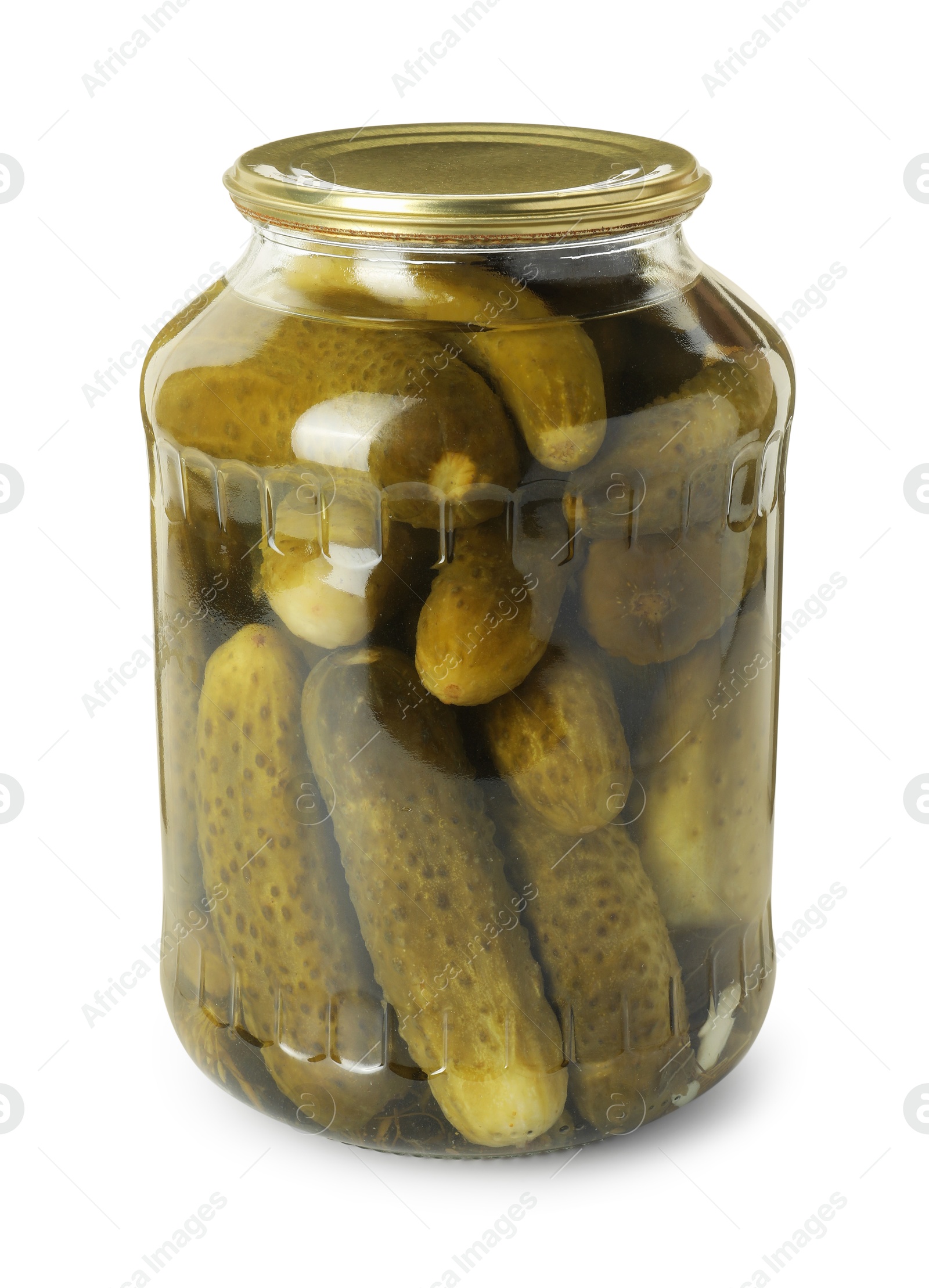 Photo of Pickled cucumbers in jar isolated on white