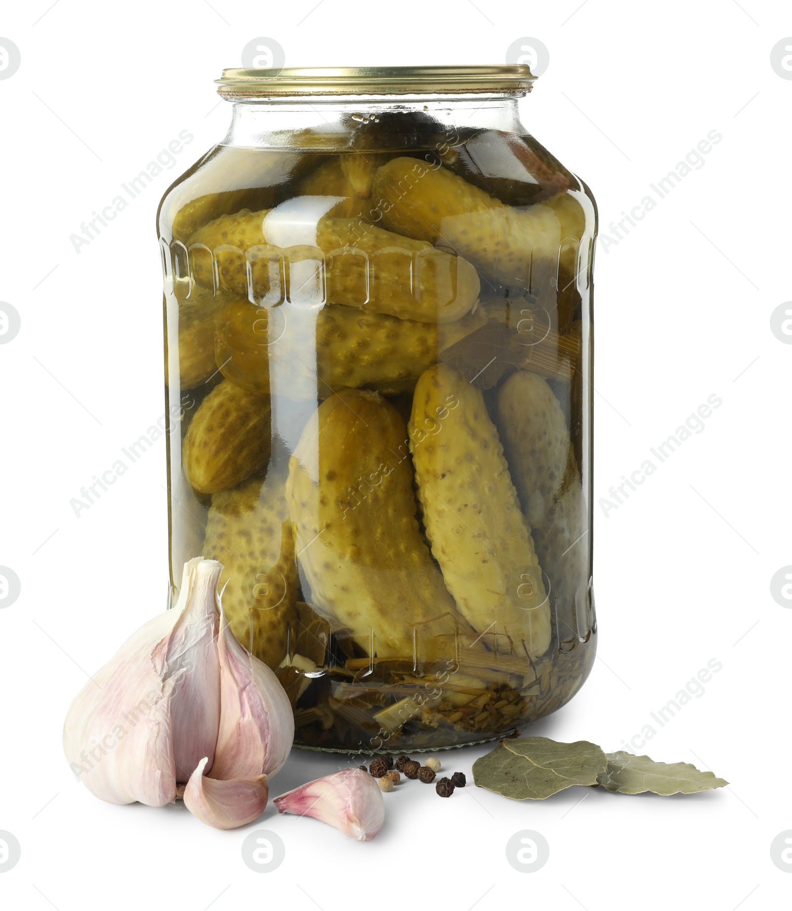 Photo of Pickled cucumbers in jar and spices isolated on white