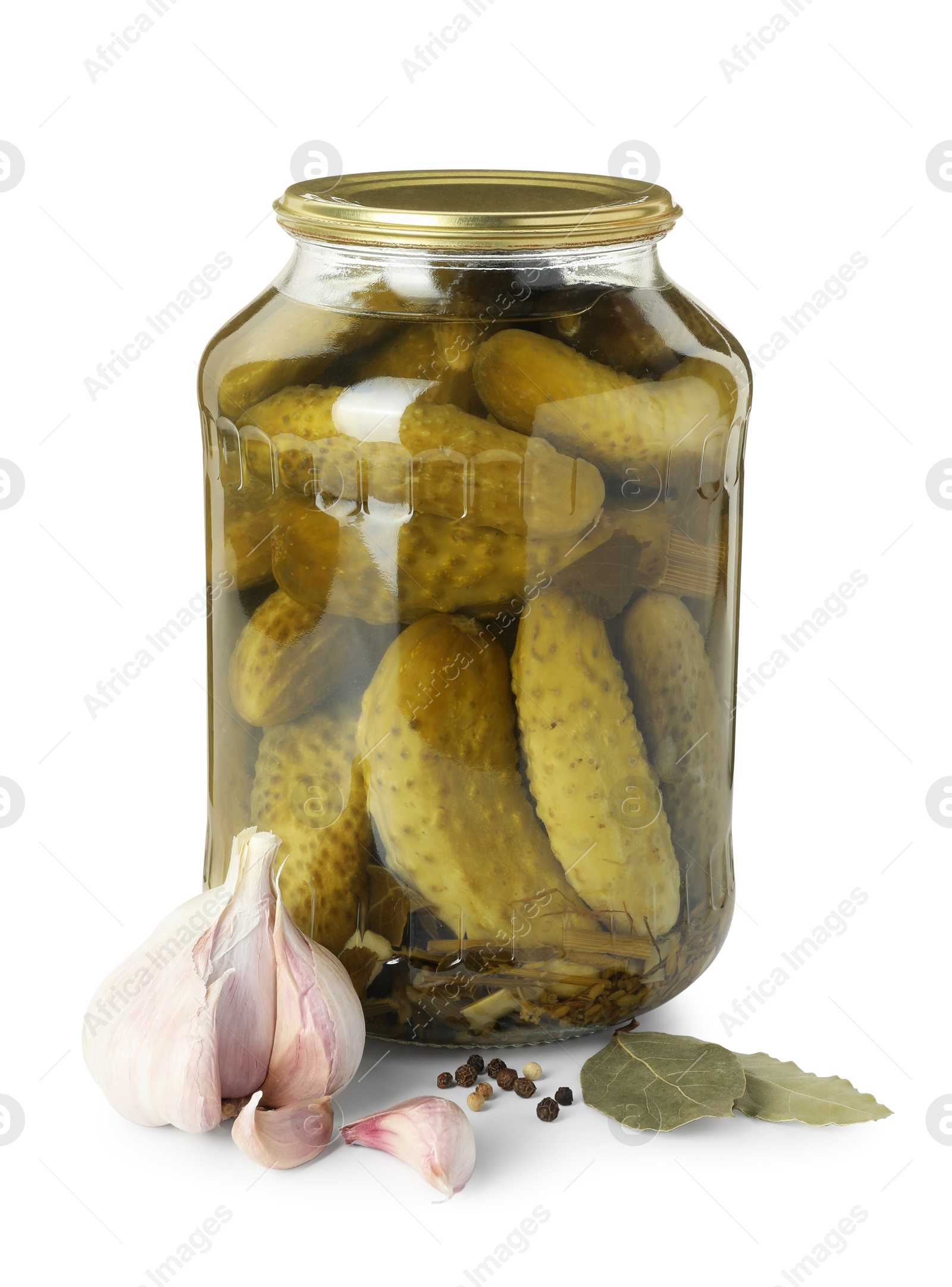 Photo of Pickled cucumbers in jar and spices isolated on white