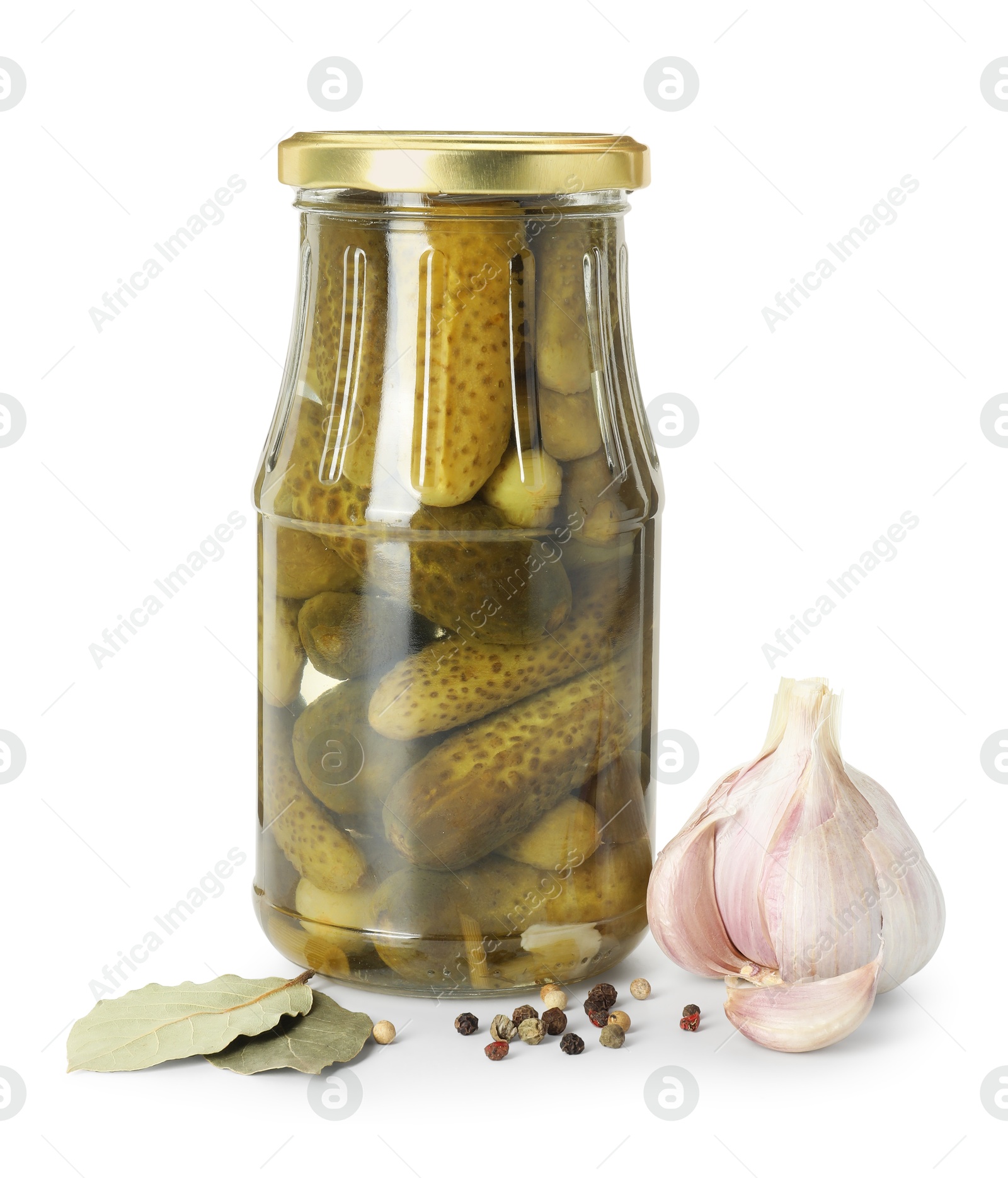 Photo of Pickled cucumbers in jar and spices isolated on white