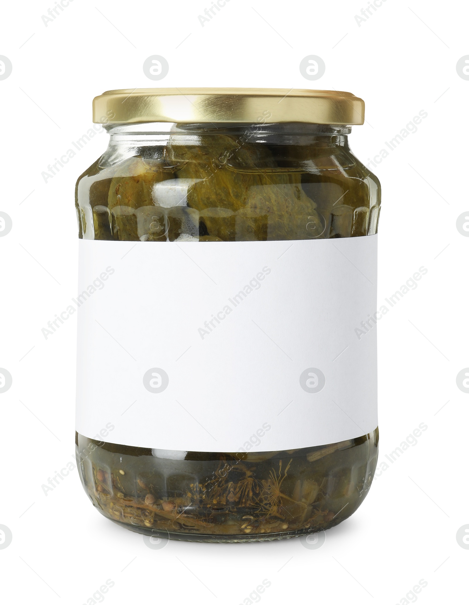 Photo of Pickled cucumbers in jar isolated on white