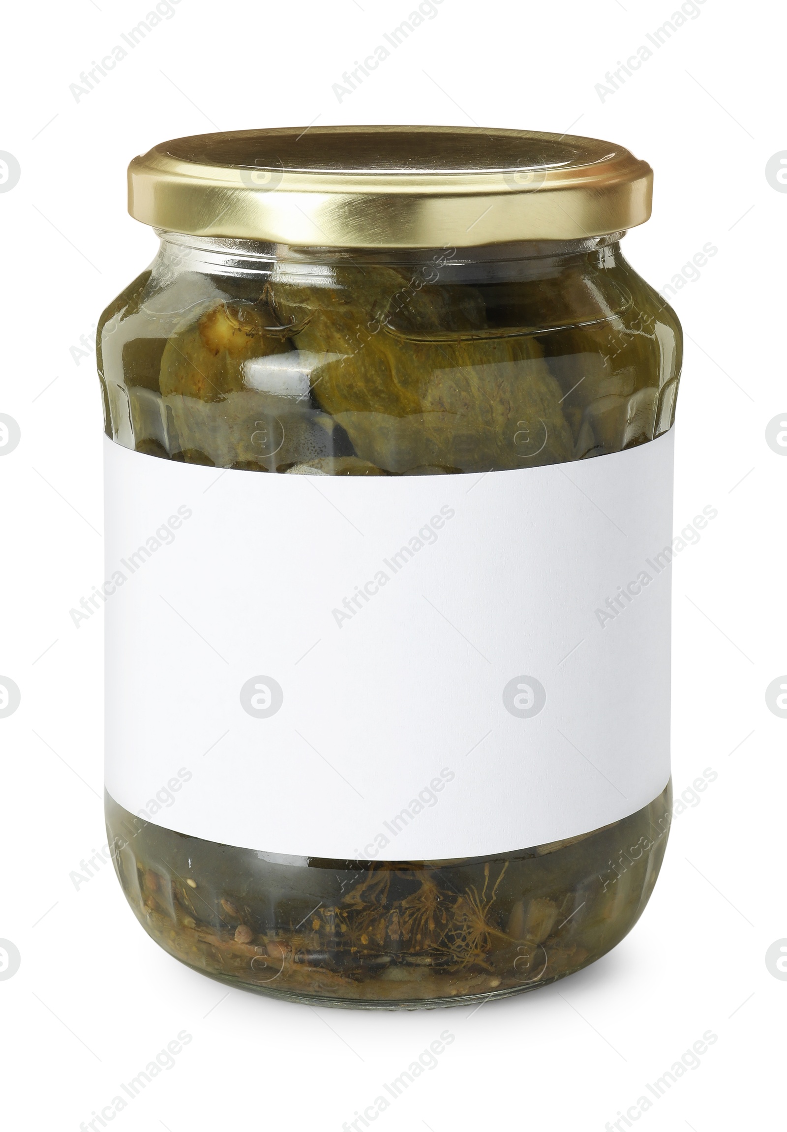 Photo of Pickled cucumbers in jar isolated on white