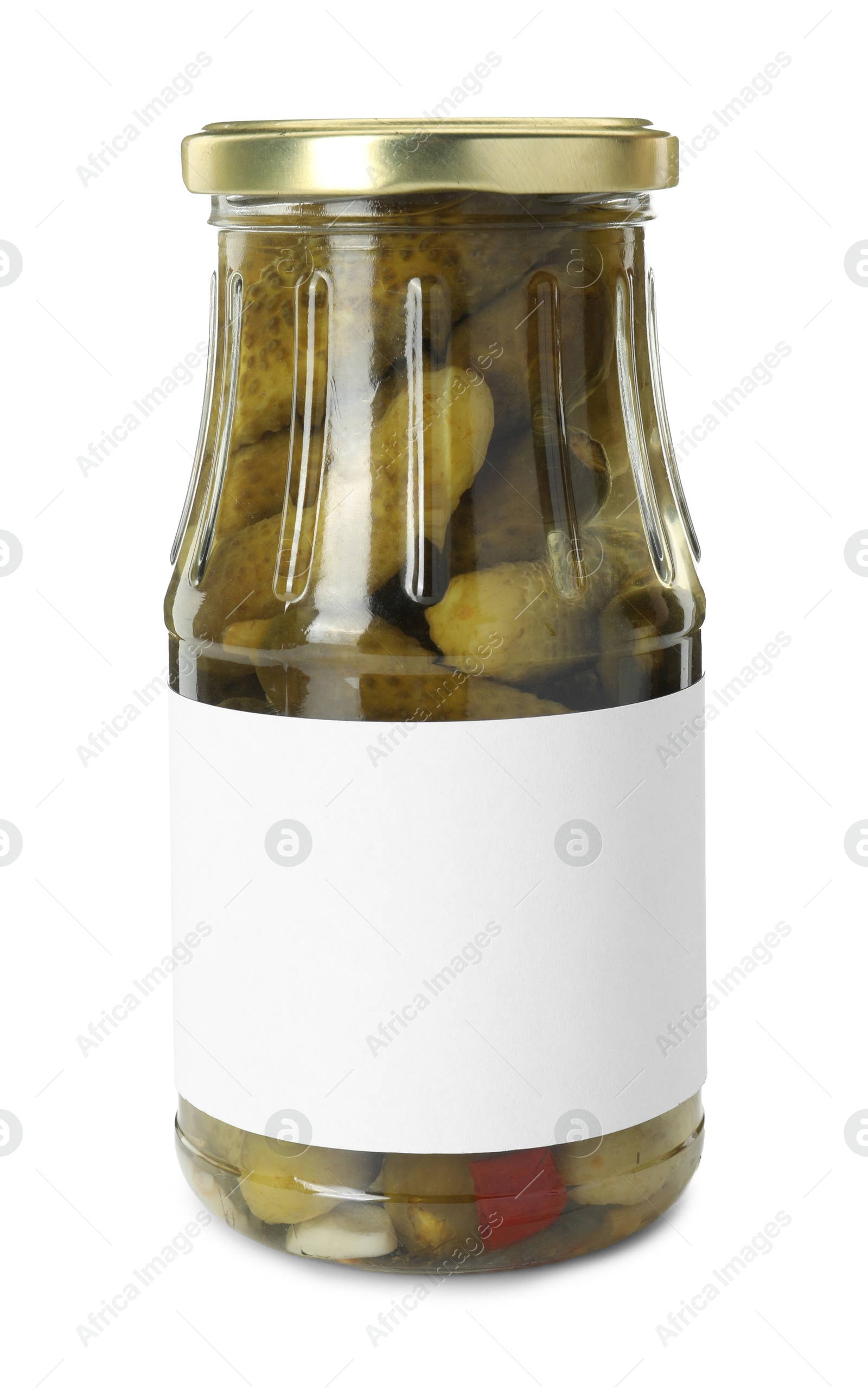 Photo of Pickled cucumbers in jar isolated on white