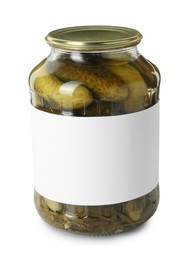 Photo of Pickled cucumbers in jar isolated on white