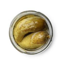 Photo of Pickled cucumbers in jar isolated on white, top view