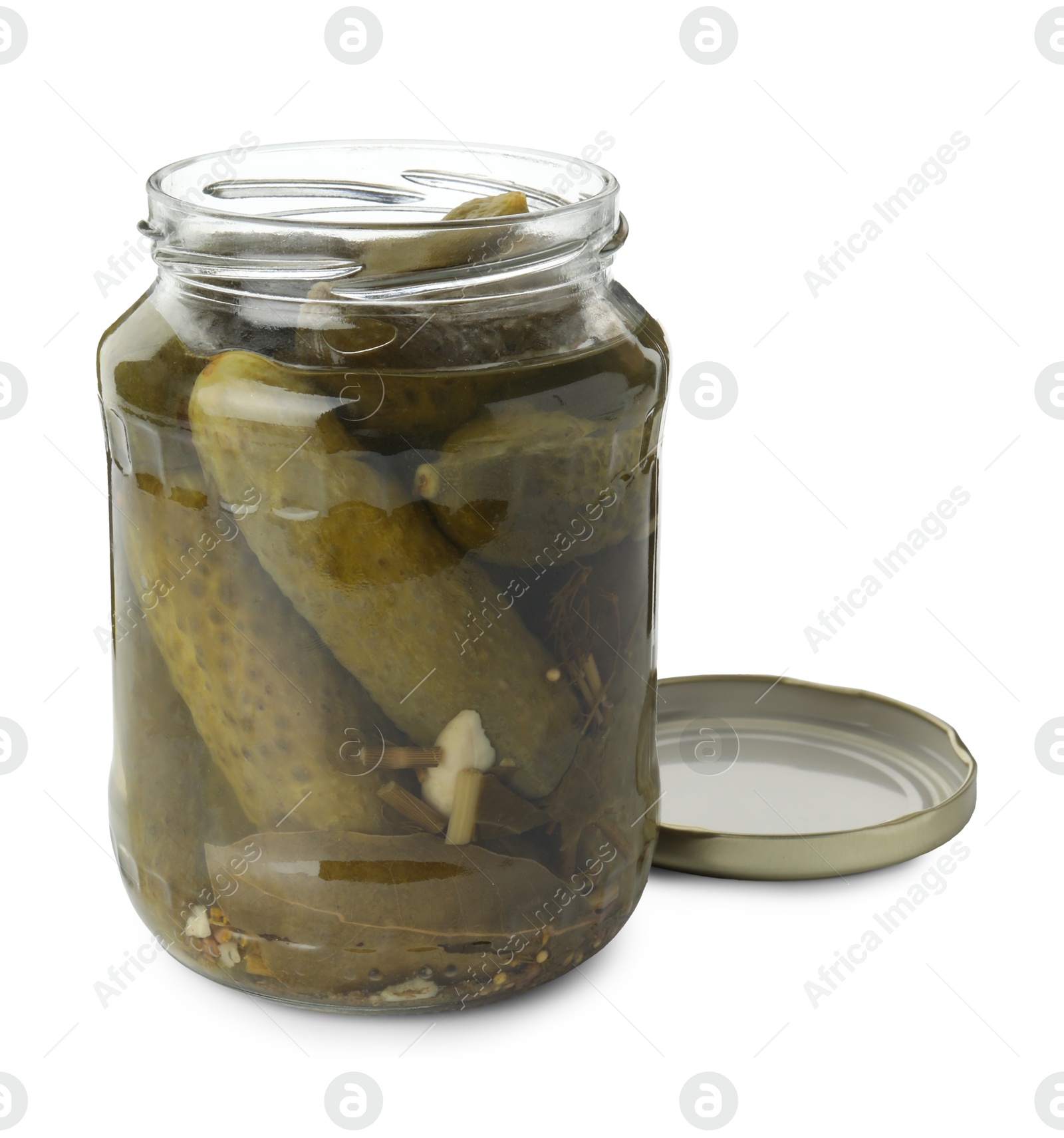 Photo of Pickled cucumbers in jar isolated on white