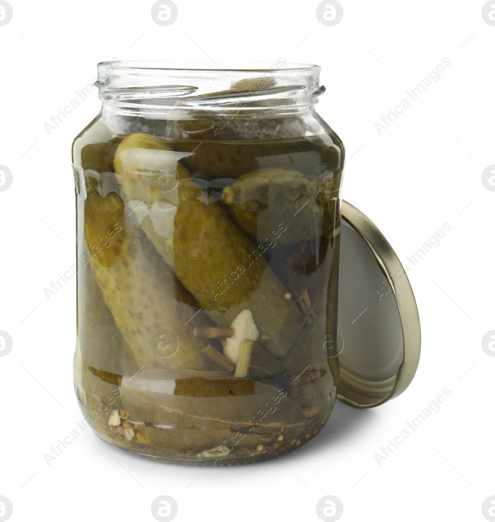 Photo of Pickled cucumbers in jar isolated on white