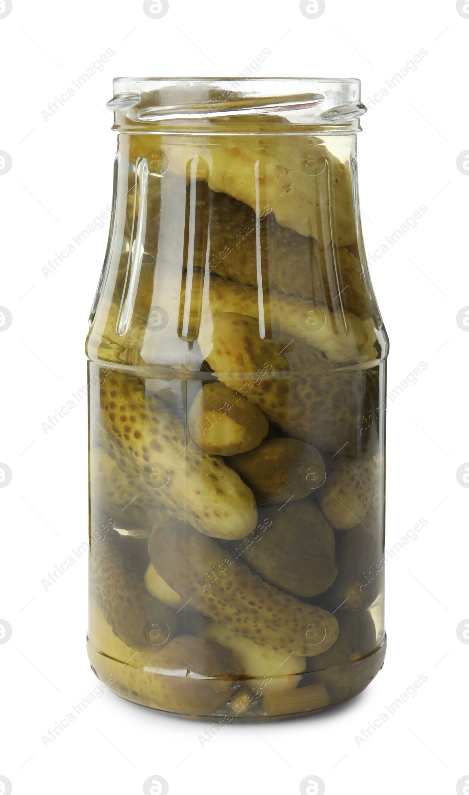 Photo of Pickled cucumbers in jar isolated on white