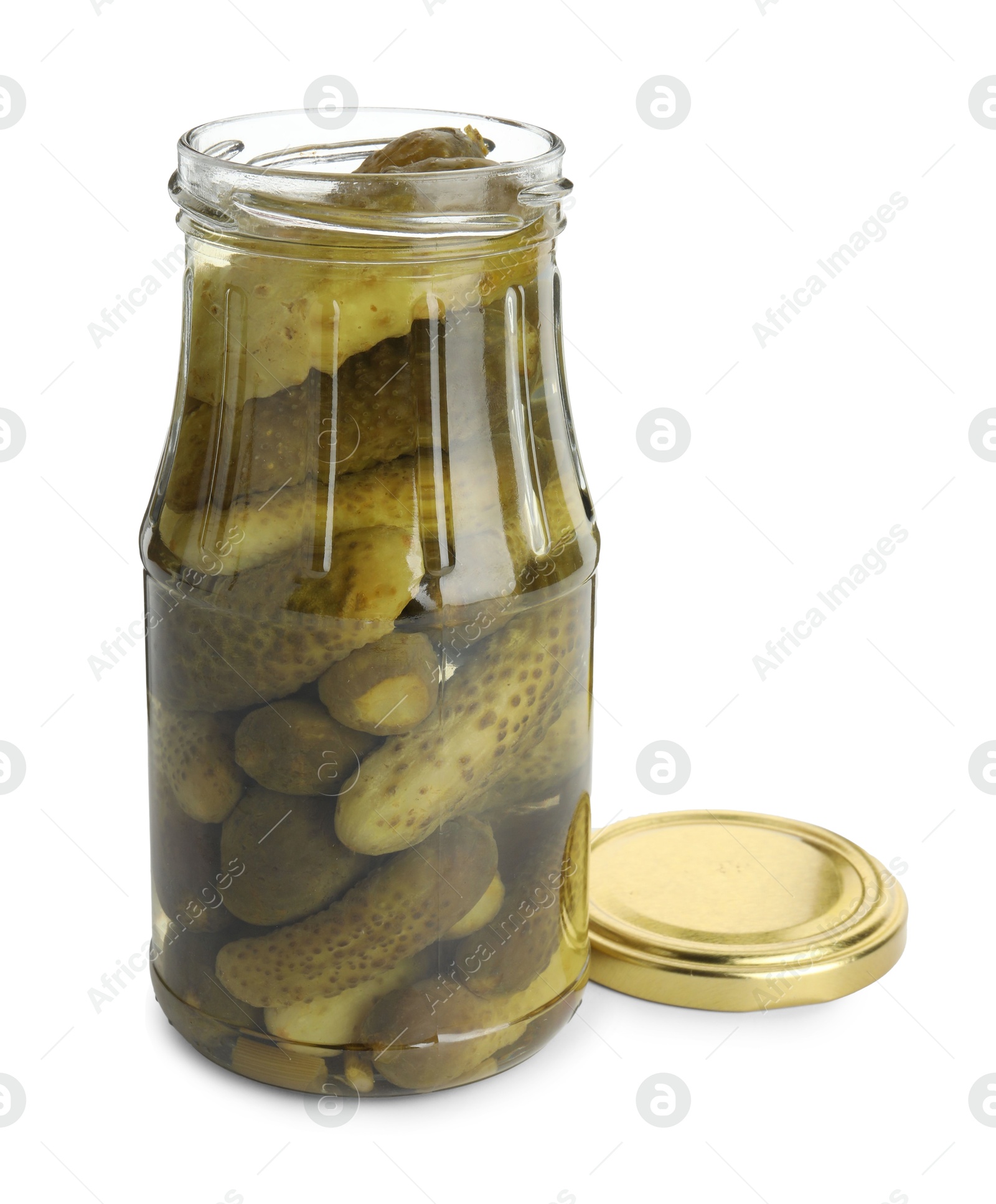 Photo of Pickled cucumbers in jar isolated on white