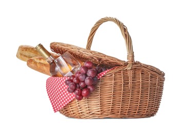 Photo of Picnic basket with food and wine isolated on white