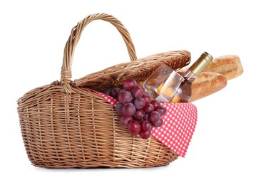 Picnic basket with food and wine isolated on white