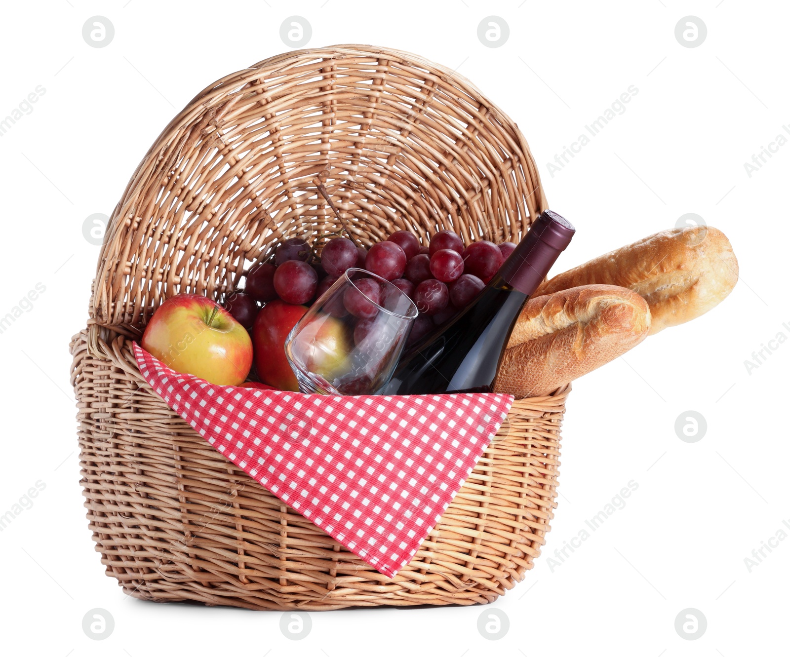 Photo of Picnic basket with food and wine isolated on white